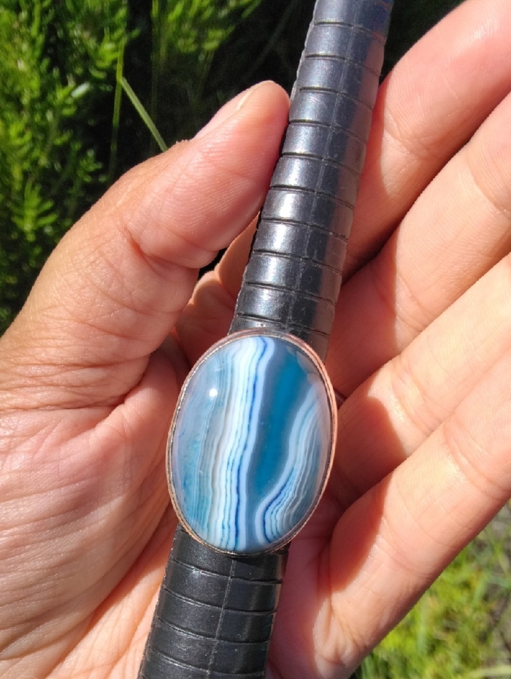 Blue Botswana Agate Silver Plated Gemstone Ring - Picture 2 of 4
